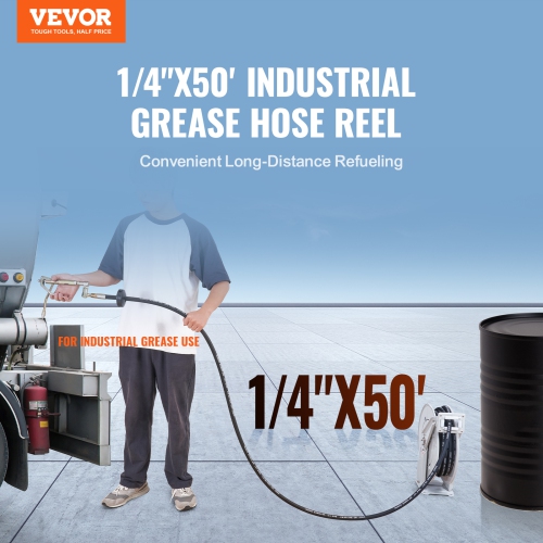 VEVOR 1/4" x 50' Fuel Hose Reel, Extra Long Retractable Grease Hose Reel, Spring Driven Auto Swivel Rewind, Heavy-Duty Carbon Steel Construction with