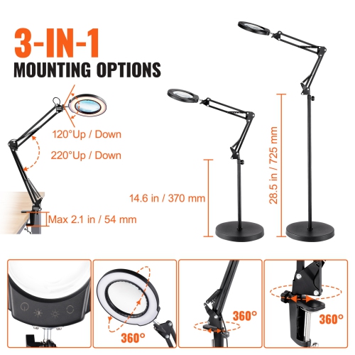 Lampadaire grossissant 3-en-1 VEVOR, loupe debout 5x avec lumière, loupe de plancher réglable en hauteur avec lumière, bras flexible, éclairage LED 5