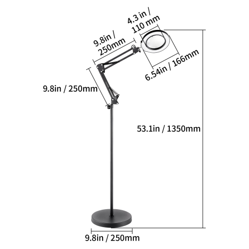 Lampadaire grossissant 3-en-1 VEVOR, loupe debout 5x avec lumière, loupe de plancher réglable en hauteur avec lumière, bras flexible, éclairage LED 5