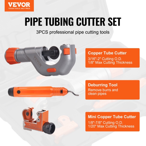 VEVOR 3PCS Tubing Cutter Set, 3/16"-2" O.D. Heavy Duty Pipe Cutter | 1/8"-7/8" O.D. Mini Pipe Cutter | Deburring Tool, Professional Pipe Cutter Kit
