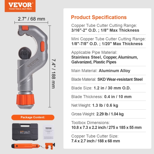 VEVOR 3PCS Tubing Cutter Set, 3/16"-2" O.D. Heavy Duty Pipe Cutter | 1/8"-7/8" O.D. Mini Pipe Cutter | Deburring Tool, Professional Pipe Cutter Kit