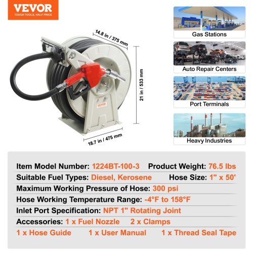 VEVOR 1" x 50' Fuel Hose Reel,Extra Long Retractable Diesel Hose Reel, 300PSI, Heavy-Duty Carbon Steel Construction with Automatic Fuel Nozzle, NBR