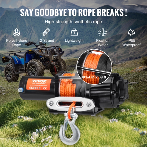 VEVOR Electric Winch, 4500 lb Line Pull Capacity, 12V DC ATV/UTV Winch with Φ1/4 in x 39 ft 12 Strands Synthetic Rope Aluminum Wireless & Wired
