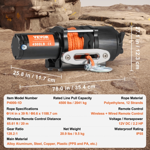 VEVOR Electric Winch, 4500 lb Line Pull Capacity, 12V DC ATV/UTV Winch with Φ1/4 in x 39 ft 12 Strands Synthetic Rope Aluminum Wireless & Wired