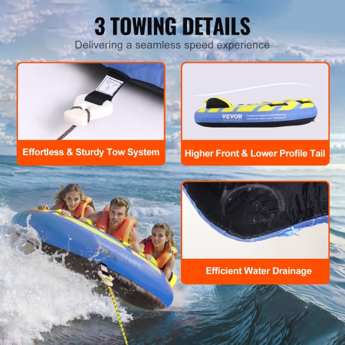 VEVOR Towable Tube for Boating, 1-3 Riders Inflatable Towable Tube with Bumper Fins, 510 lbs Water Sport Towable Tubes for Boats to Pull, Full Nylon