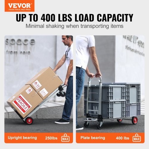 VEVOR 2 in 1 Aluminum Folding Hand Truck, 400 lbs Capacity, Heavy Duty Industrial Collapsible cart, Dolly Cart with Rubber Wheels for Transport and