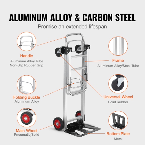 VEVOR 2 in 1 Aluminum Folding Hand Truck, 400 lbs Capacity, Heavy Duty Industrial Collapsible cart, Dolly Cart with Rubber Wheels for Transport and