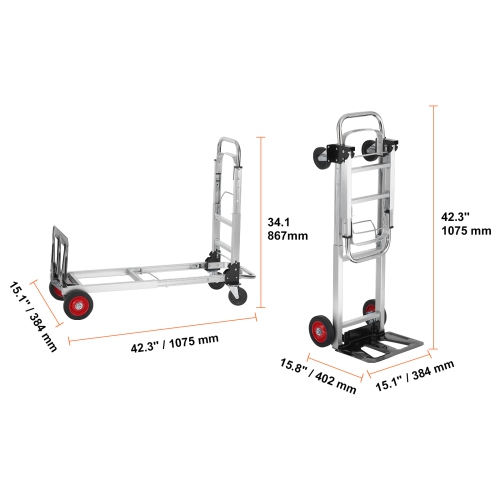 VEVOR 2 in 1 Aluminum Folding Hand Truck, 400 lbs Capacity, Heavy Duty Industrial Collapsible cart, Dolly Cart with Rubber Wheels for Transport and