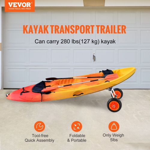 VEVOR 280lbs Load Capacity Kayak Cart, Detachable Canoe Trolley Cart with 10'' Solid Tires, Adjustable Width & Top Foam Protection, for Kayaks with