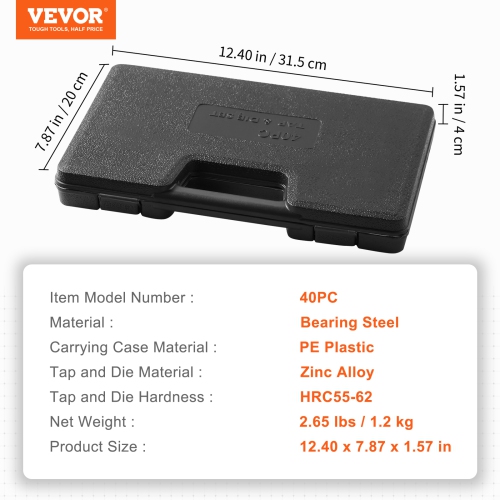VEVOR 40-Piece Tap and Die Set, Include Metric Size M3 to M12, Bearing Steel Taps and Dies, Essential Threading Tool for Cutting External Internal