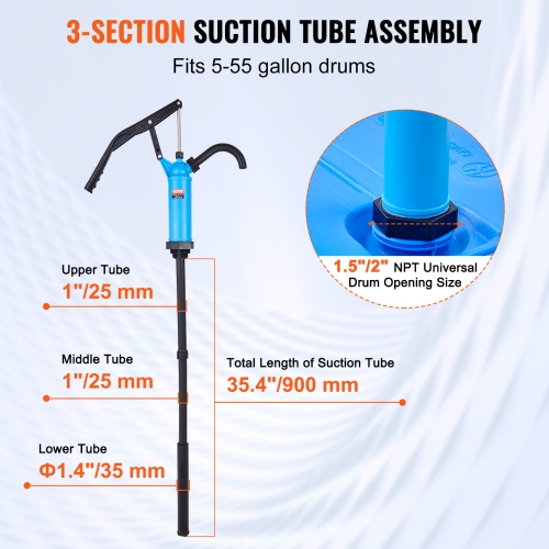 VEVOR 5-55 Gallon Drum Pump, 9.5 oz. Per Stroke, Lever-Action Barrel Pump, Drums with 3-Section Suction Tube Assembly & Hose, Hand Operated, Designed