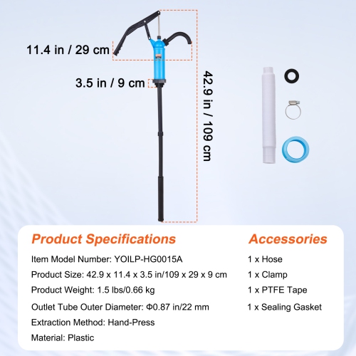 VEVOR 5-55 Gallon Drum Pump, 9.5 oz. Per Stroke, Lever-Action Barrel Pump, Drums with 3-Section Suction Tube Assembly & Hose, Hand Operated, Designed