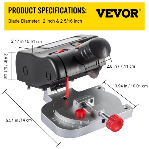 VEVOR 2-5/16" Mini Miter Cut-off Chop Saw, Two Blade of Steel and Resin with 1/2inch Cutting Depth, 0-45° Benchtop Miter Saw for Copper, Aluminum,
