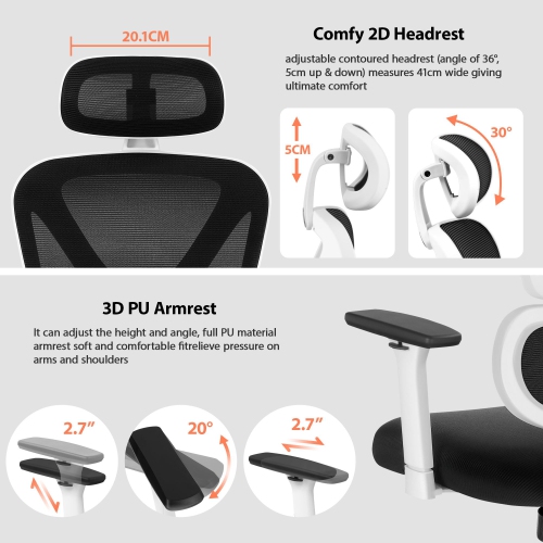 Coolse Ergonomic Mesh Office Chair – Adjustable Headrest, Lumbar Support & Armrests for Home, School, or Gaming （White）