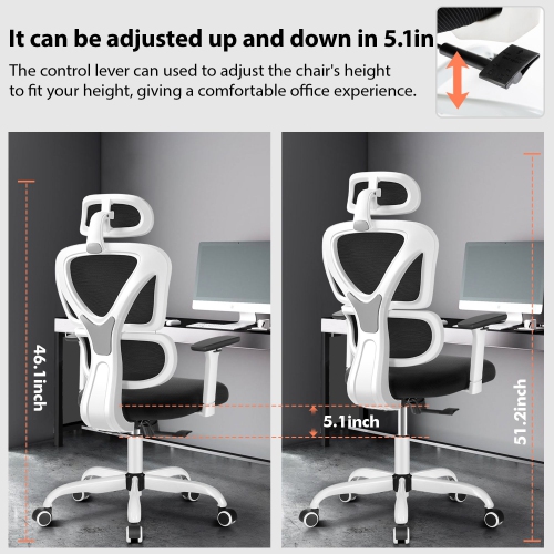 Coolse Ergonomic Mesh Office Chair – Adjustable Headrest, Lumbar Support & Armrests for Home, School, or Gaming （White）
