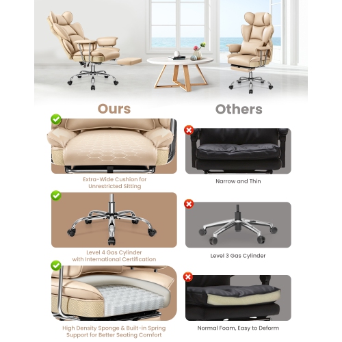 Coolse Big & Tall Ergonomic Office Chair with Foot Rest, High Back PU Leather Executive Chair with metal Armrests, Lumbar Support for Home or Work,