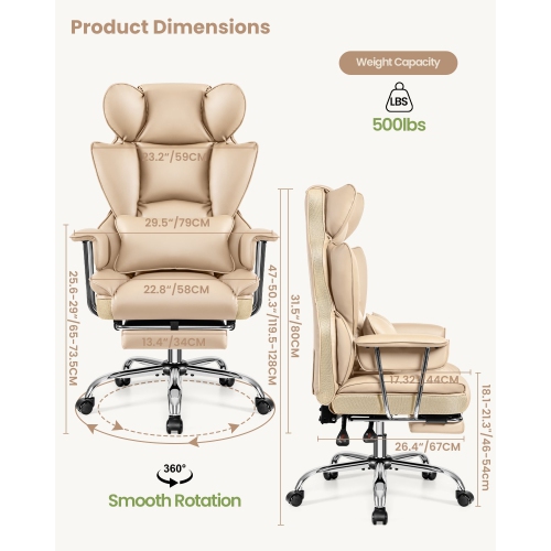Coolse Big & Tall Ergonomic Office Chair with Foot Rest, High Back PU Leather Executive Chair with metal Armrests, Lumbar Support for Home or Work,