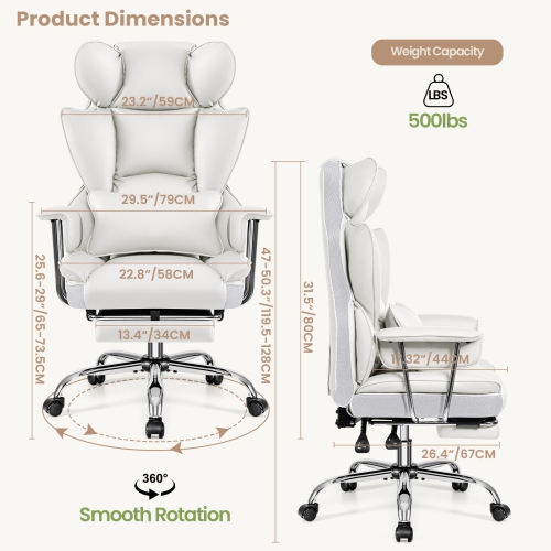 Coolse Big & Tall Ergonomic Office Chair with Foot Rest, High Back PU Leather Executive Chair with metal Armrests, Lumbar Support for Home or Work,