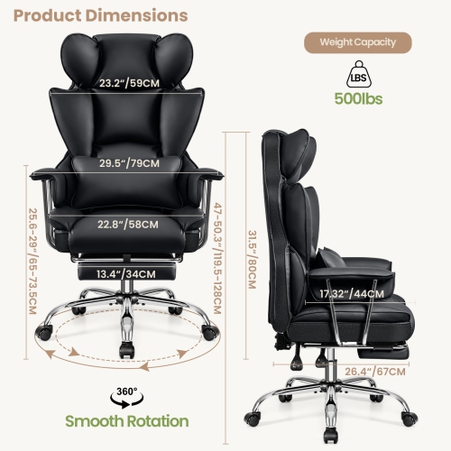 Coolse Big & Tall Ergonomic Office Chair with Foot Rest, High Back PU Leather Executive Chair with metal Armrests, Lumbar Support for Home or Work,