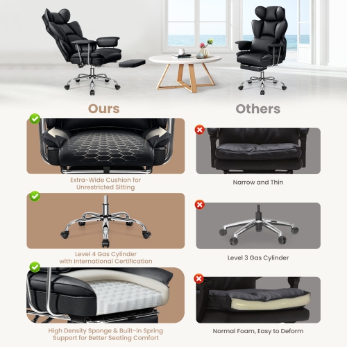 Coolse Big & Tall Ergonomic Office Chair with Foot Rest, High Back PU Leather Executive Chair with metal Armrests, Lumbar Support for Home or Work,