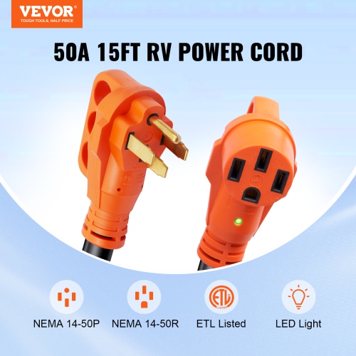VEVOR 15 ft RV Extension Cord, 50 Amp, Heavy Duty STW RV Power Cord, NEMA 14-50R Female NEMA 14-50P Male Plug, with LED Indicator Handle 15A Adapter,