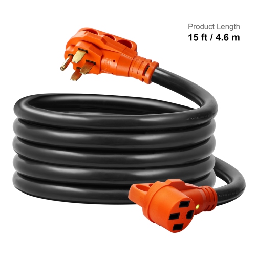 VEVOR 15 ft RV Extension Cord, 50 Amp, Heavy Duty STW RV Power Cord, NEMA 14-50R Female NEMA 14-50P Male Plug, with LED Indicator Handle 15A Adapter,