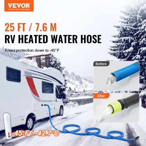 VEVOR 25ft Heated Water Hose for RV, Heated Drinking Water Hose with Corrugated Cover Antifreeze to -45°F, Self-regulating, 5/8" I.D. with 3/4" GHT
