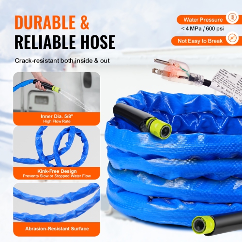 VEVOR 25ft Heated Water Hose for RV, Heated Drinking Water Hose with Corrugated Cover Antifreeze to -45°F, Self-regulating, 5/8" I.D. with 3/4" GHT