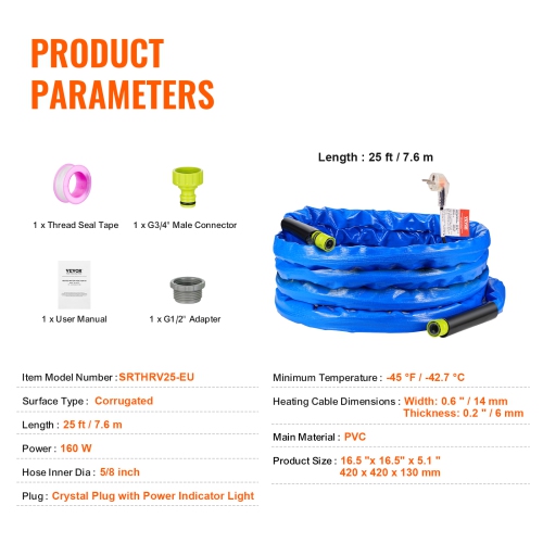 VEVOR 25ft Heated Water Hose for RV, Heated Drinking Water Hose with Corrugated Cover Antifreeze to -45°F, Self-regulating, 5/8" I.D. with 3/4" GHT