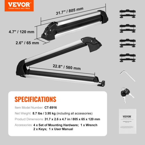 VEVOR 31.7-Inch Universal Ski and Snowboard Roof Rack, for Car Roof Fit Most Crossbars, Carry up to 6 Pairs of Skis or 4 Snowboards, Snowboard Ski