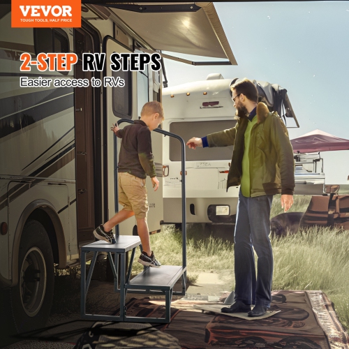 VEVOR 2-Step RV Steps, RV Stairs, 440 LBS Load Capacity, Thickened Carbon Steel, With Handrail, Non-Slip Steps for Safe Entry and Exit, Suit for RV,
