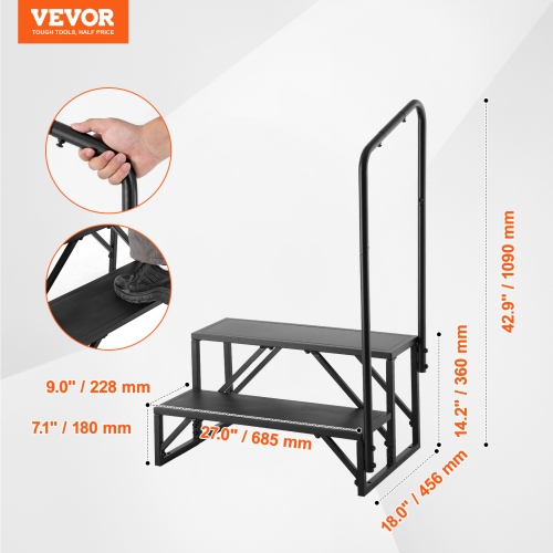 VEVOR 2-Step RV Steps, RV Stairs, 440 LBS Load Capacity, Thickened Carbon Steel, With Handrail, Non-Slip Steps for Safe Entry and Exit, Suit for RV,