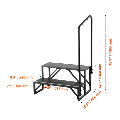 VEVOR 2-Step RV Steps, RV Stairs, 440 LBS Load Capacity, Thickened Carbon Steel, With Handrail, Non-Slip Steps for Safe Entry and Exit, Suit for RV,