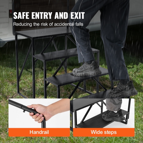 VEVOR 4-Step RV Stairs, RV Steps, 440 LBS Load Capacity, Thickened Carbon Steel, With Handrail, Non-Slip Steps for Safe Entry and Exit, Suit for RV,