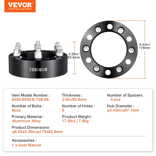 VEVOR 2" 6"x5.5" Wheel Spacers, Wheel Adapters, 6 Lug Forged Spacer, 108 mm Bore Hubcentric M14 x1.5 Studs Spacers, Fit for 1988-2023 Chevrolet, GMC,