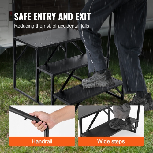 VEVOR 3-Step RV Stairs, RV Steps, 440 LBS Load Capacity, Thickened Carbon Steel, With Handrail, Non-Slip Steps for Safe Entry and Exit, Suit for RV,