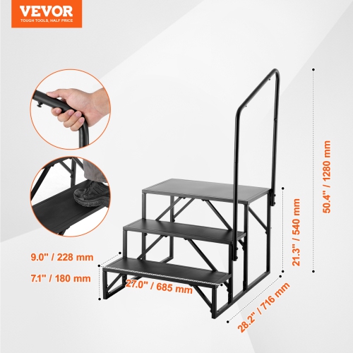 VEVOR 3-Step RV Stairs, RV Steps, 440 LBS Load Capacity, Thickened Carbon Steel, With Handrail, Non-Slip Steps for Safe Entry and Exit, Suit for RV,