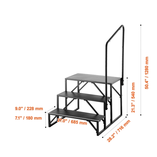 VEVOR 3-Step RV Stairs, RV Steps, 440 LBS Load Capacity, Thickened Carbon Steel, With Handrail, Non-Slip Steps for Safe Entry and Exit, Suit for RV,
