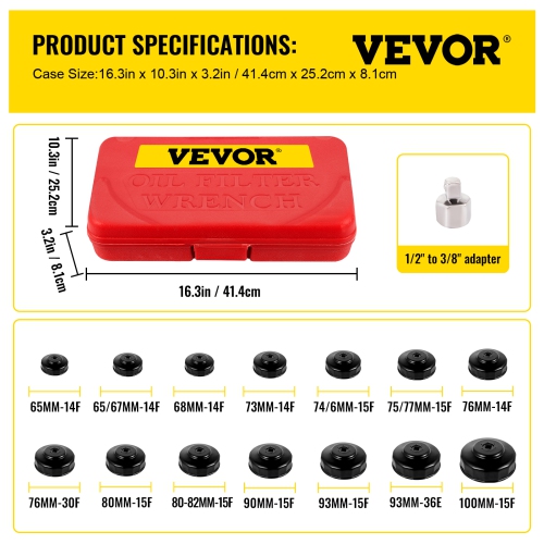 VEVOR 14 Pcs Oil Filter Socket Set, Oil Filter Wrench Set, Steel Oil Filter Socket, 3/8" Oil Filter Socket, Low Profile Oil Filter Socket Set, Oil