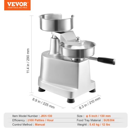 VEVOR 130mm/5inch Commercial Burger Patty Maker, Hamburger Beef Patty Maker, Heavy Duty Food-Grade Stainless Steel Bowl Burger Press Machine, with
