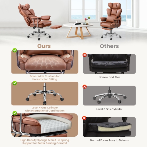 Coolse Big & Tall Ergonomic Office Chair with Foot Rest, High Back PU Leather Executive Chair with metal Armrests, Lumbar Support for Home or Work,