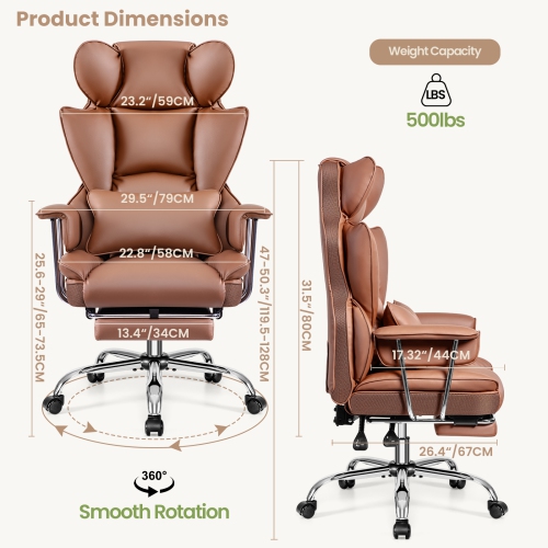 Coolse Big & Tall Ergonomic Office Chair with Foot Rest, High Back PU Leather Executive Chair with metal Armrests, Lumbar Support for Home or Work,