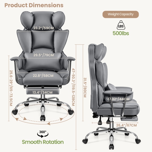 Coolse Big & Tall Ergonomic Office Chair with Foot Rest, High Back PU Leather Executive Chair with metal Armrests, Lumbar Support for Home or Work,