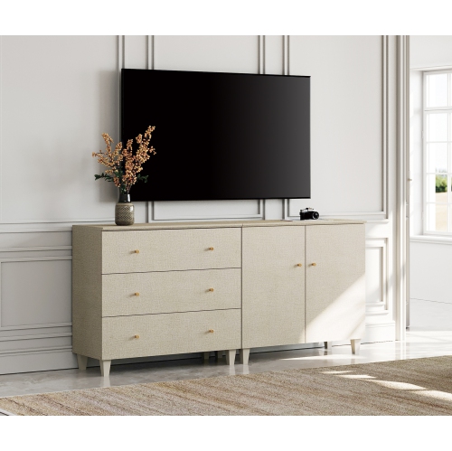 WAMPAT TV Stand for TVs up to 75 inch, 2-in-1 Modern Entertainment Center with 2 Doors and 3 Drawers, 70.8" Wooden Media Console Table with Storage