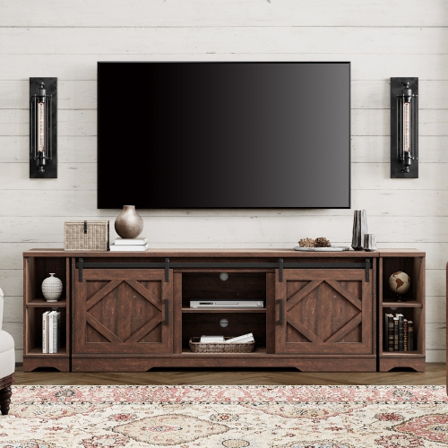 Image 1 of 7.. WAMPAT Farmhouse TV Stand Modern Sliding Barn Door Entertainment Center for TVs Up to 100 inch, Wood TV Media Console Table Cabinet Storage for