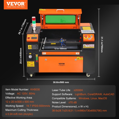 Graveur laser au CO2 VEVOR de 12 x 20&nbsp;po 50&nbsp;W, machine à découper laser 19,7 IPS avec assistance à l'air passe-2 voies, compatible avec