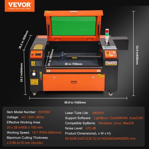 Graveur laser au CO2 VEVOR de 20 x 28&nbsp;po 80&nbsp;W, machine à découper laser 19,7 IPS avec assistance à l'air passe-2 voies, compatible avec