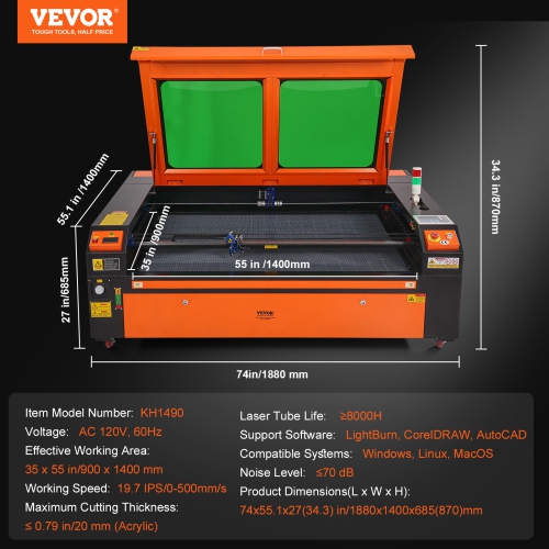 VEVOR 35 x 55 in 130W CO2 Laser Engraver, 19.7 IPS Laser Cutter Machine with 2-Way Pass Air Assist, Compatible with LightBurn, CorelDRAW, AutoCAD,