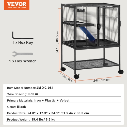 VEVOR 34" Rolling Metal Ferret Cage, Large 2-Tier Critter Nation Cage, Small Animal Cage with Ramps & Tray, Easy to Set up for Pet Rats, Hamster,