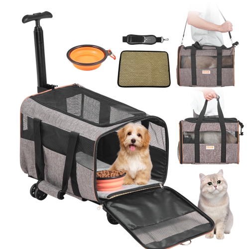 VEVOR 22 lbs Cat Carrier with Wheels, Airline Approved Rolling Pet Carrier with Telescopic Handle and Shoulder Strap, Dog Carrier with Wheels for